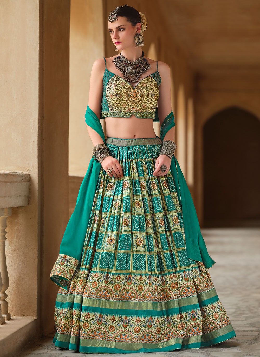 Foliage Prints Silk Turquoise Lehenga - L3253