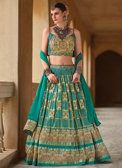 Foliage Prints Silk Turquoise Lehenga - L3253