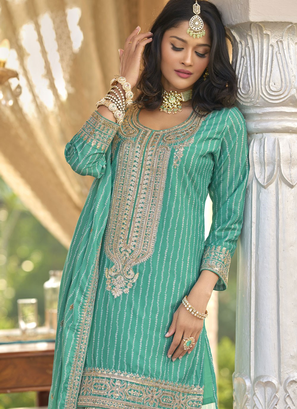 Sharara Suit Digital Print, Embroidered, Sequins, Zari Turquoise T7801