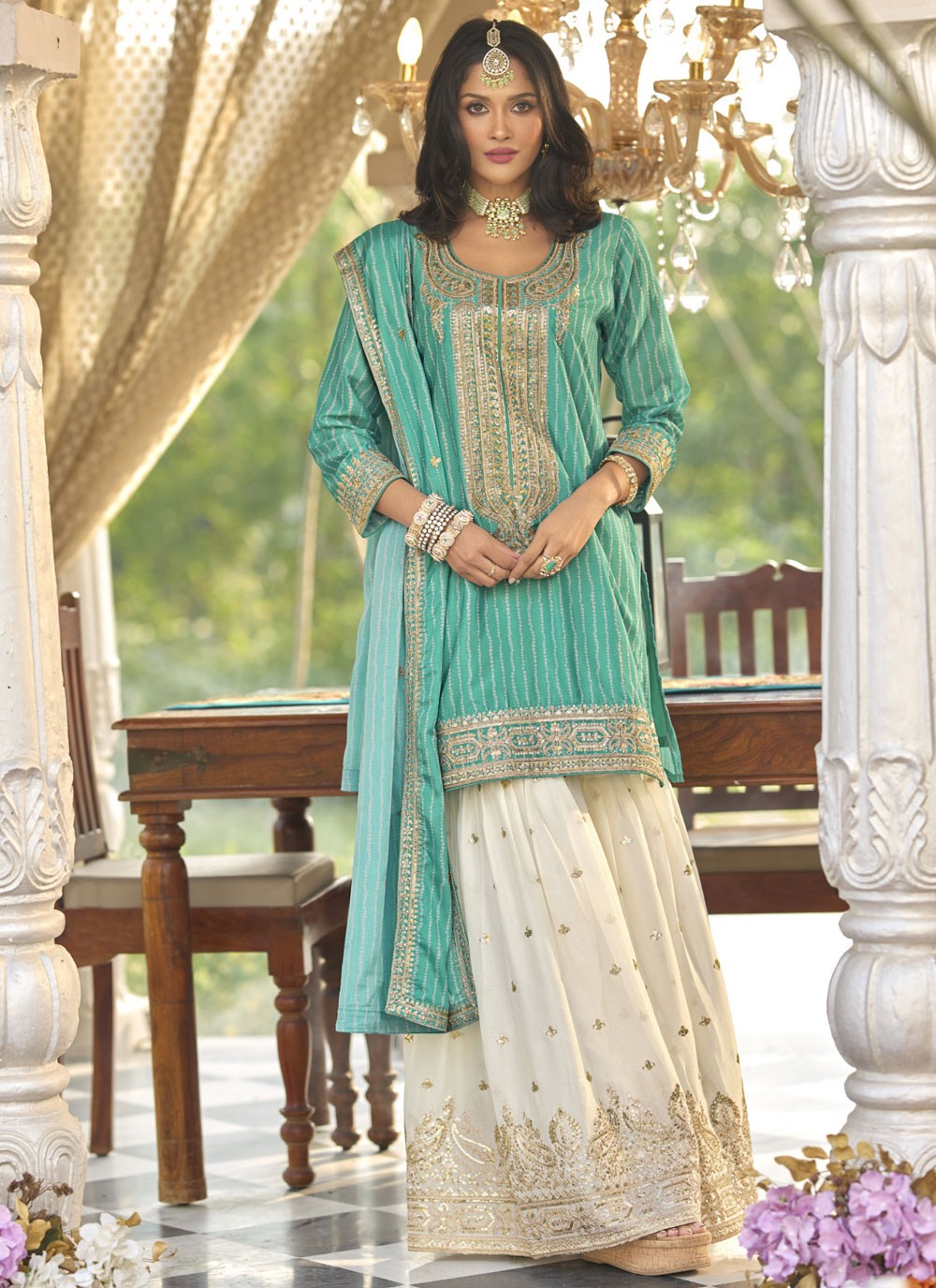 Sharara Suit Digital Print, Embroidered, Sequins, Zari Turquoise T7801