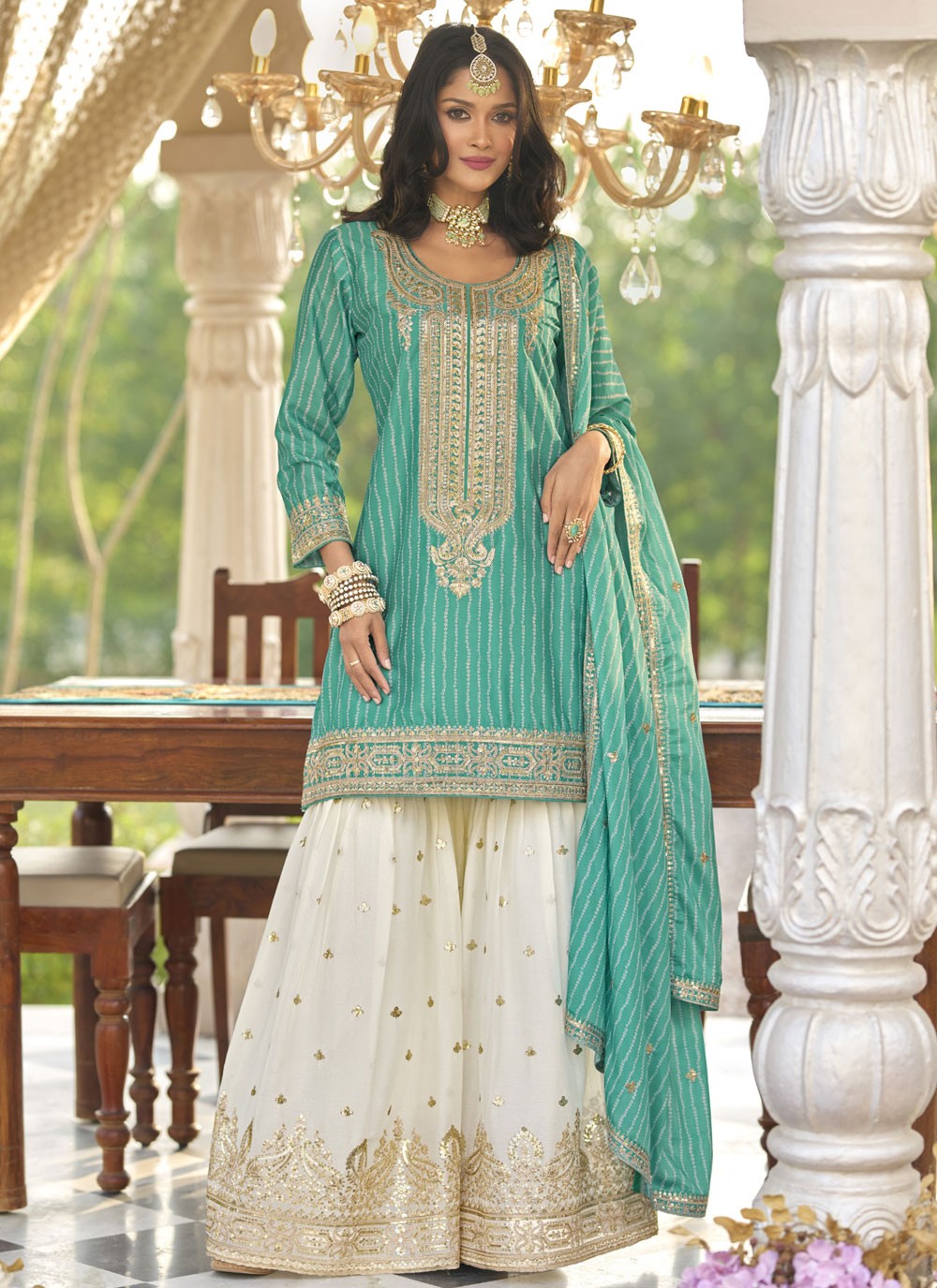 Sharara Suit Digital Print, Embroidered, Sequins, Zari Turquoise T7801