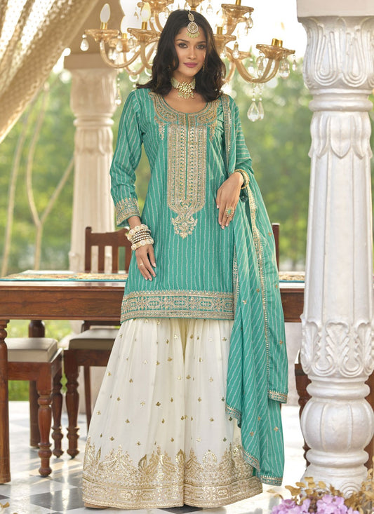 Sharara Suit Digital Print, Embroidered, Sequins, Zari Turquoise T7801