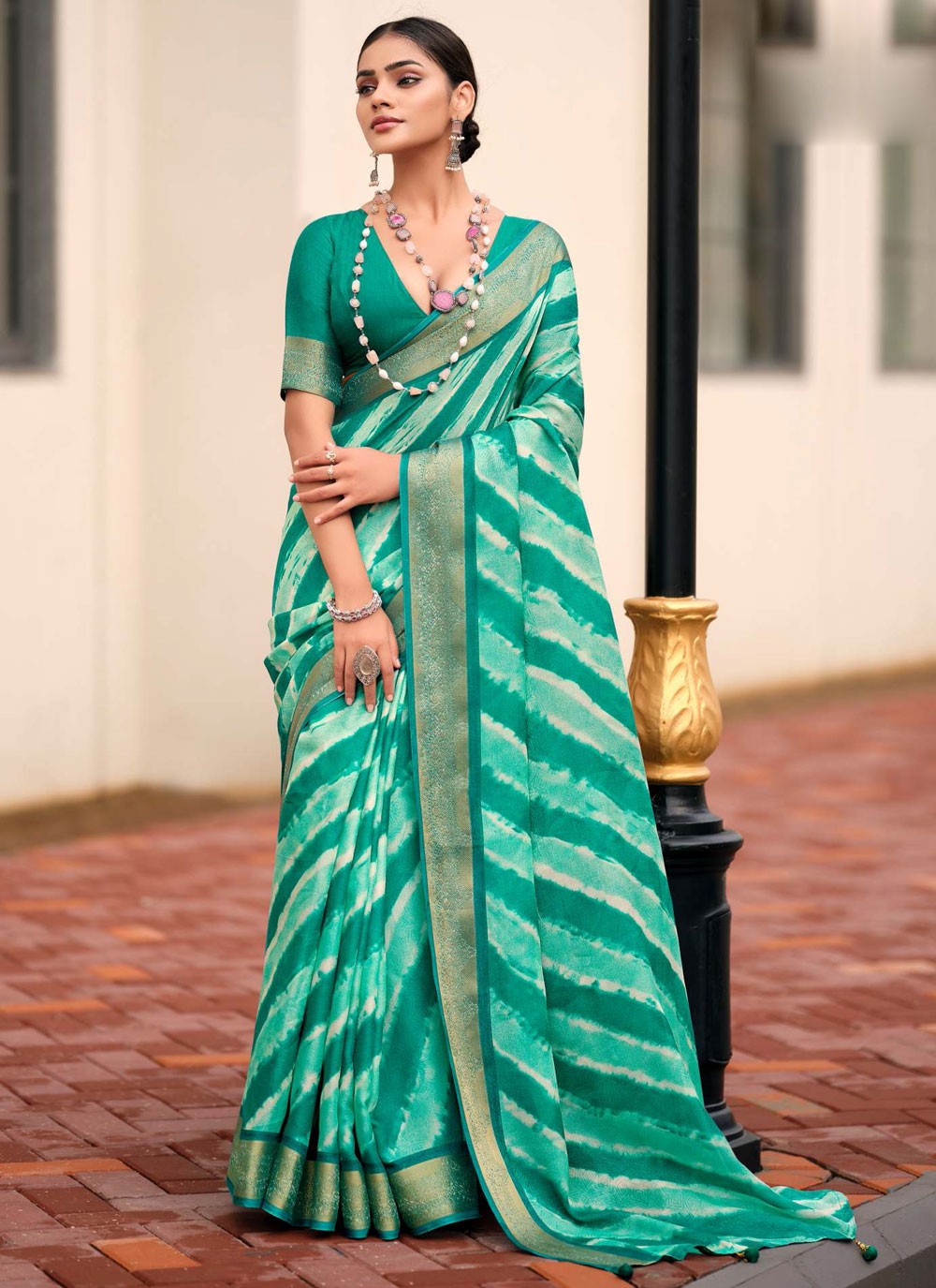 Turquoise Silk Classic Saree Border Work, Jacquard Work, Strips S17879