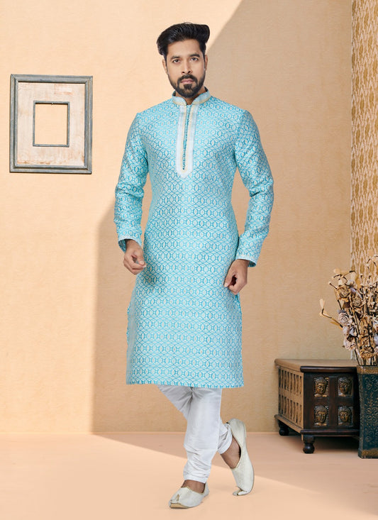 Jacquard Work Jacquard Silk Turquoise Kurta Pyjama - M4929