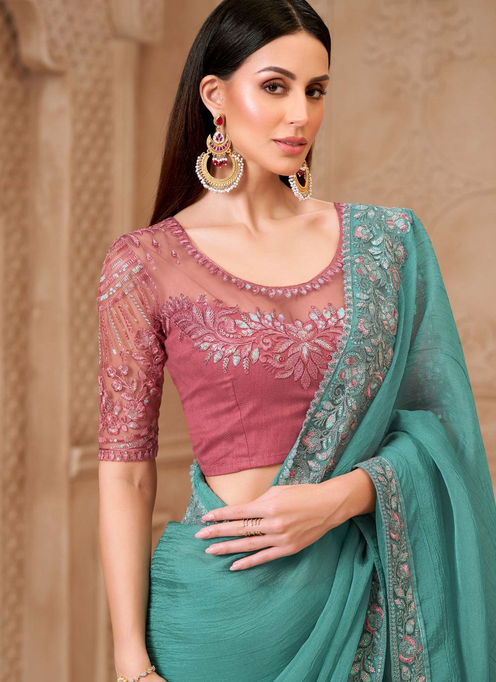 Turquoise Georgette Satin Trendy Saree Border Work, Embroidered S19778