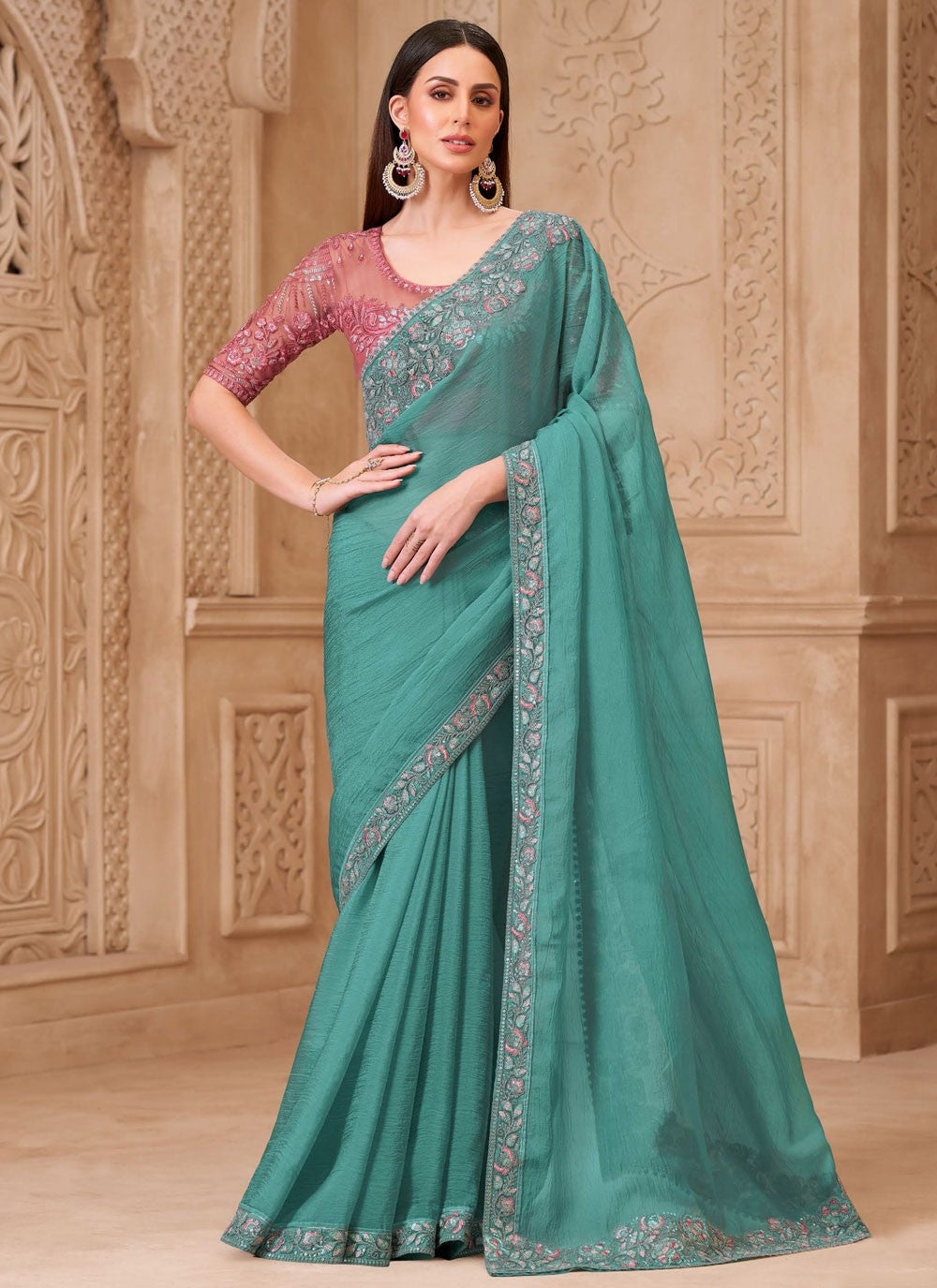 Turquoise Georgette Satin Trendy Saree Border Work, Embroidered S19778