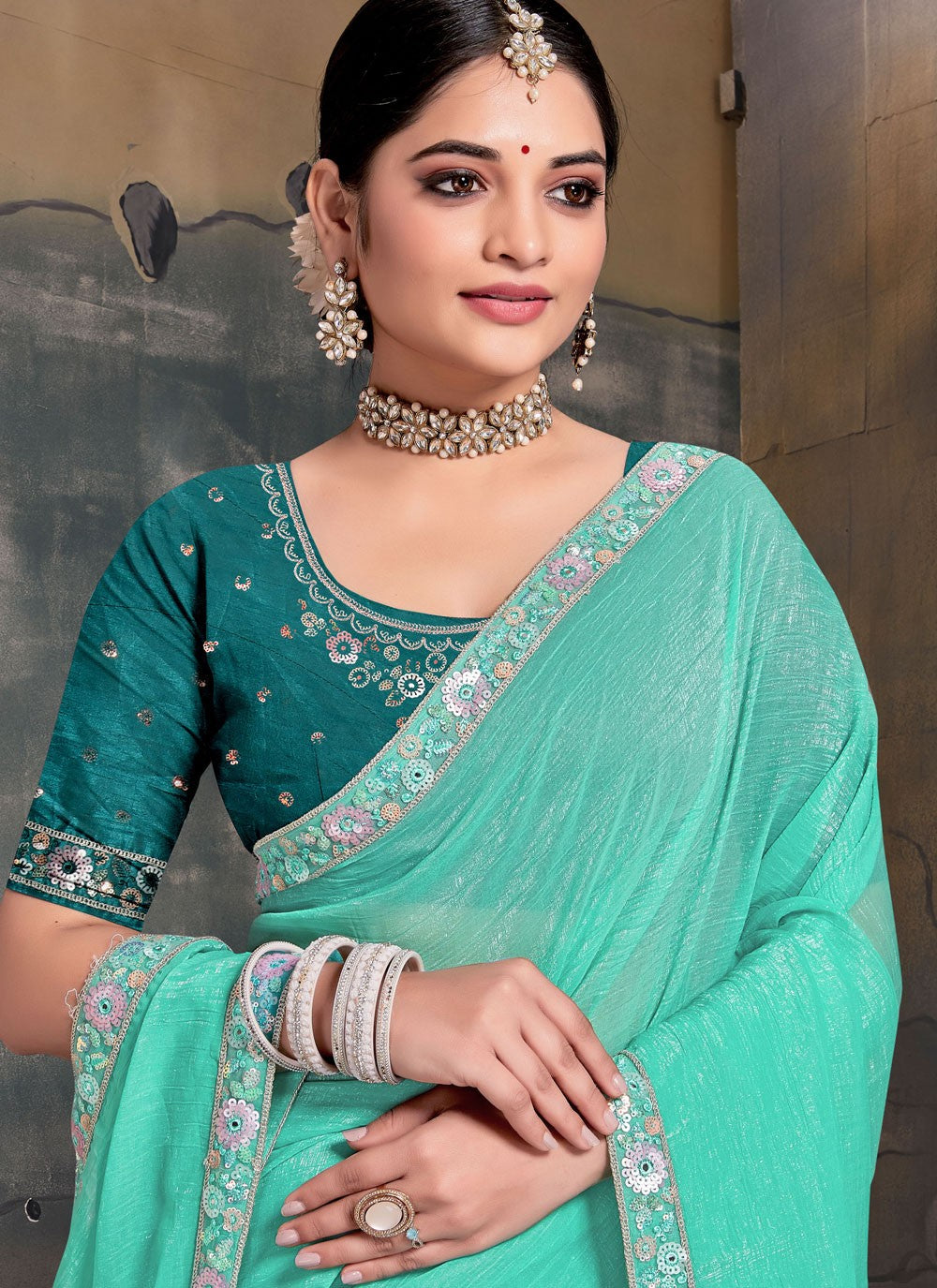Contemporary Cord Turquoise Silk Saree S13098