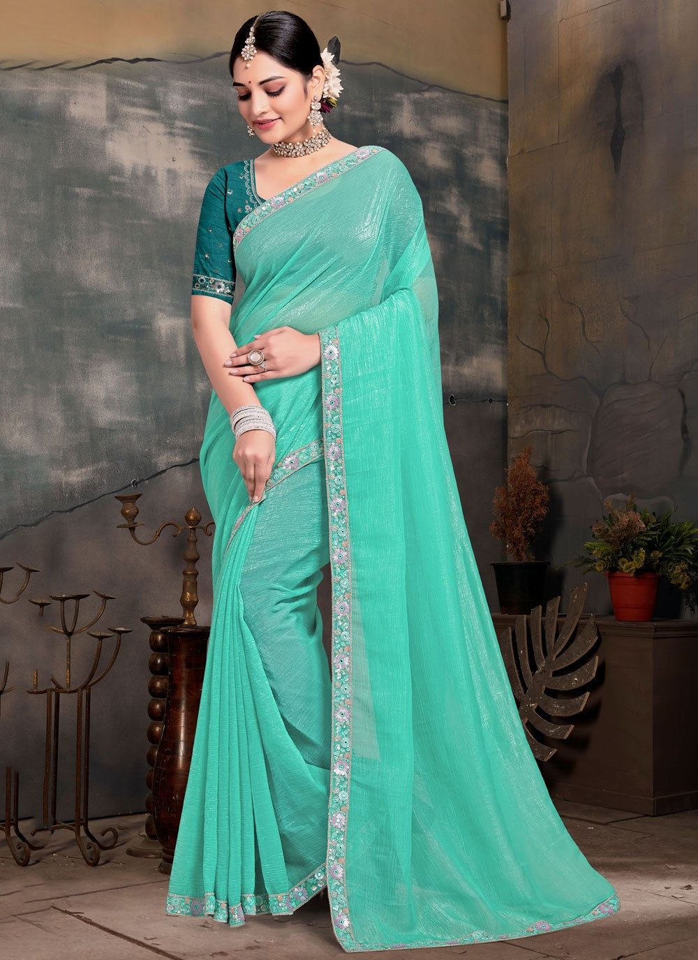 Contemporary Cord Turquoise Silk Saree S13098