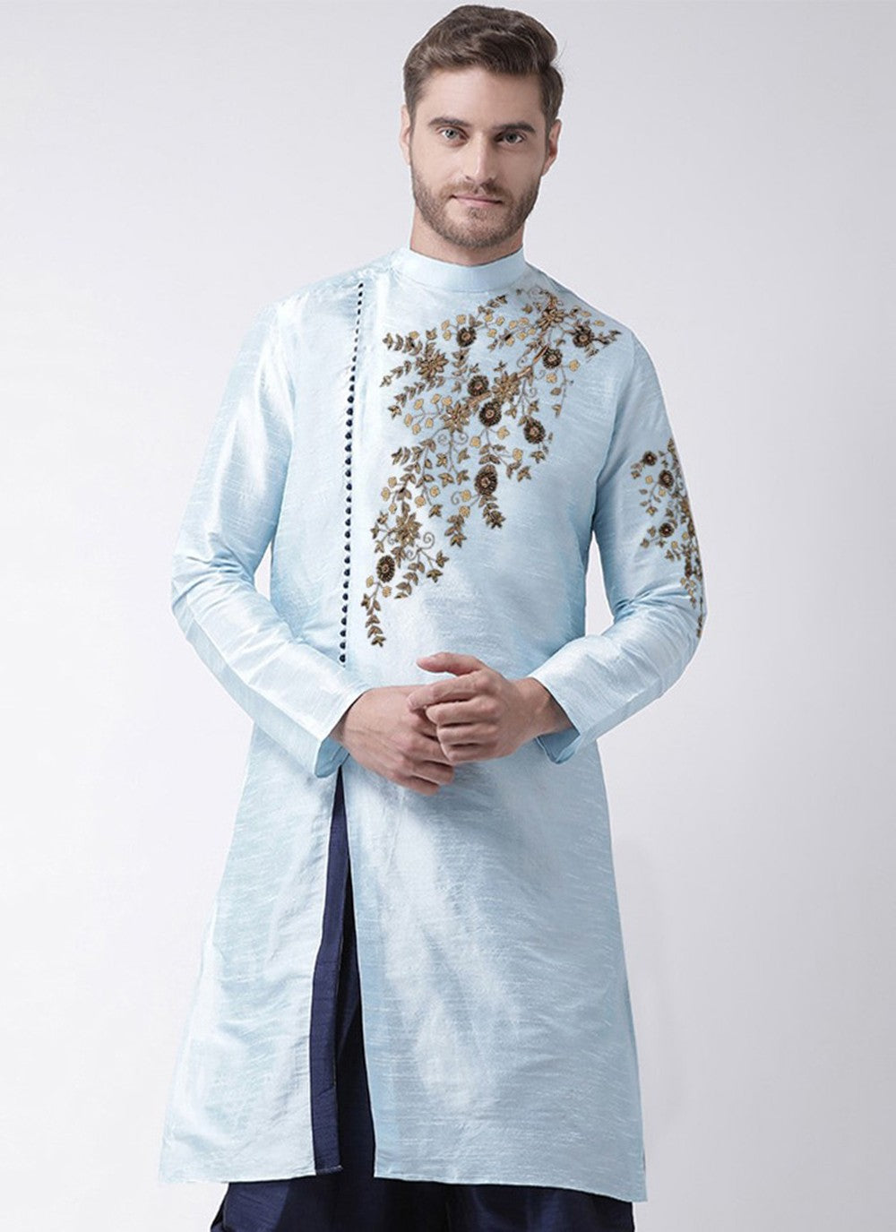 Embroidered Dupion Silk Turquoise Angrakha - M3185