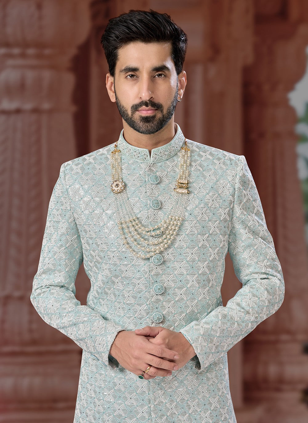 Embroidered Jacquard Turquoise Indo Western Sherwani - M6909