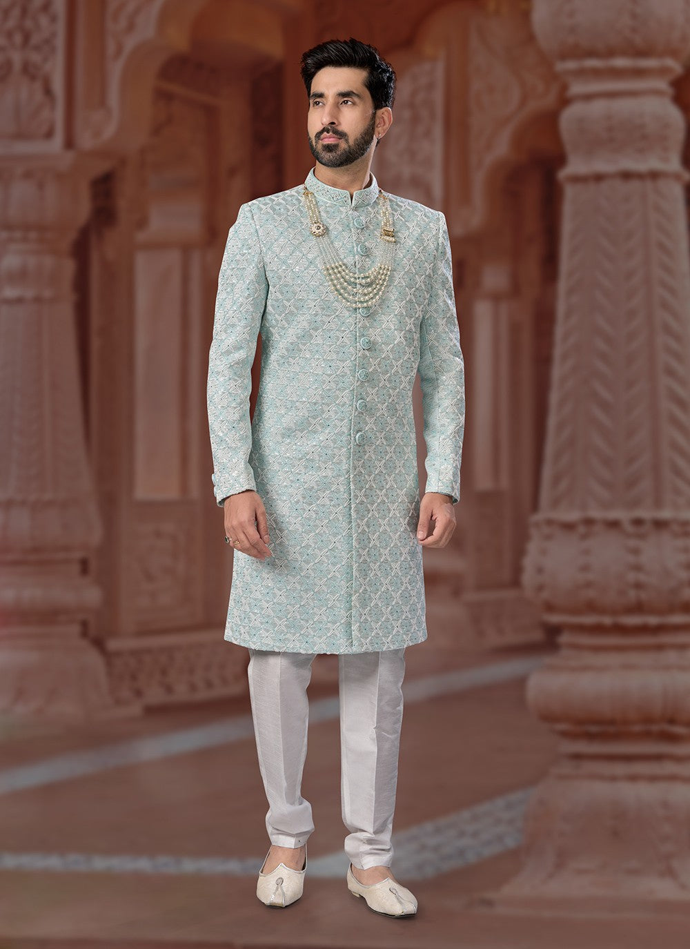 Embroidered Jacquard Turquoise Indo Western Sherwani - M6909