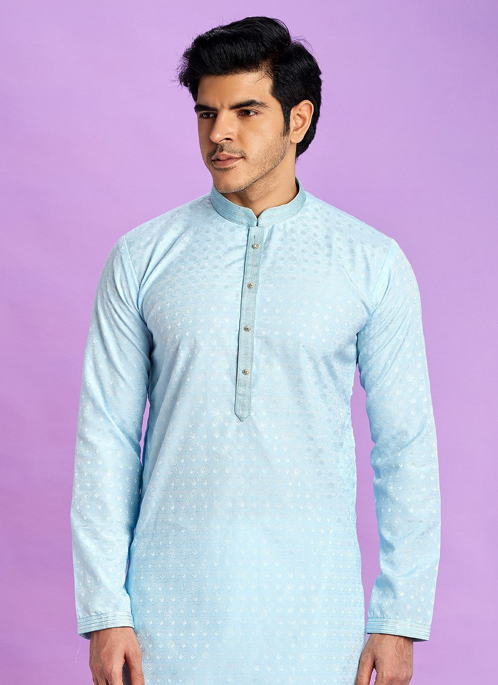 Fancy Work Jacquard Silk Turquoise Kurta Pyjama - M6919
