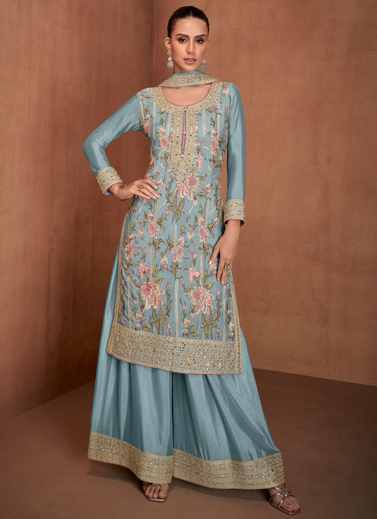 Salwar Suit Embroidered Turquoise Chinon T5343