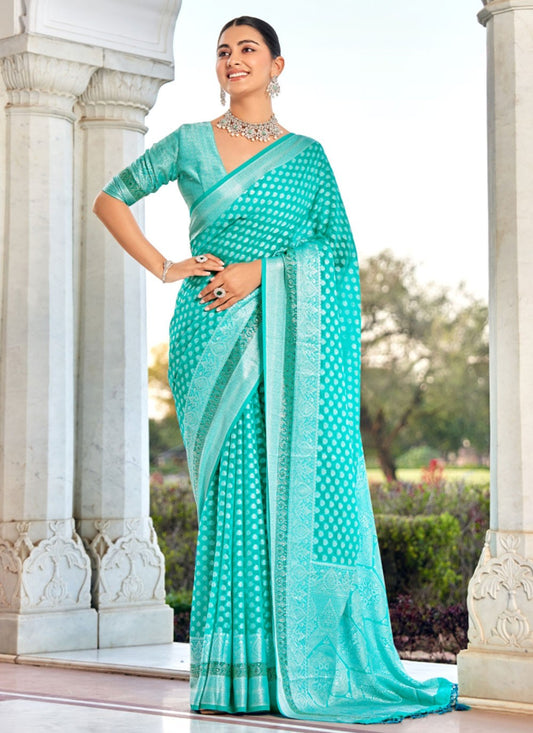 Turquoise Georgette Classic Saree Weaving Zari S20321