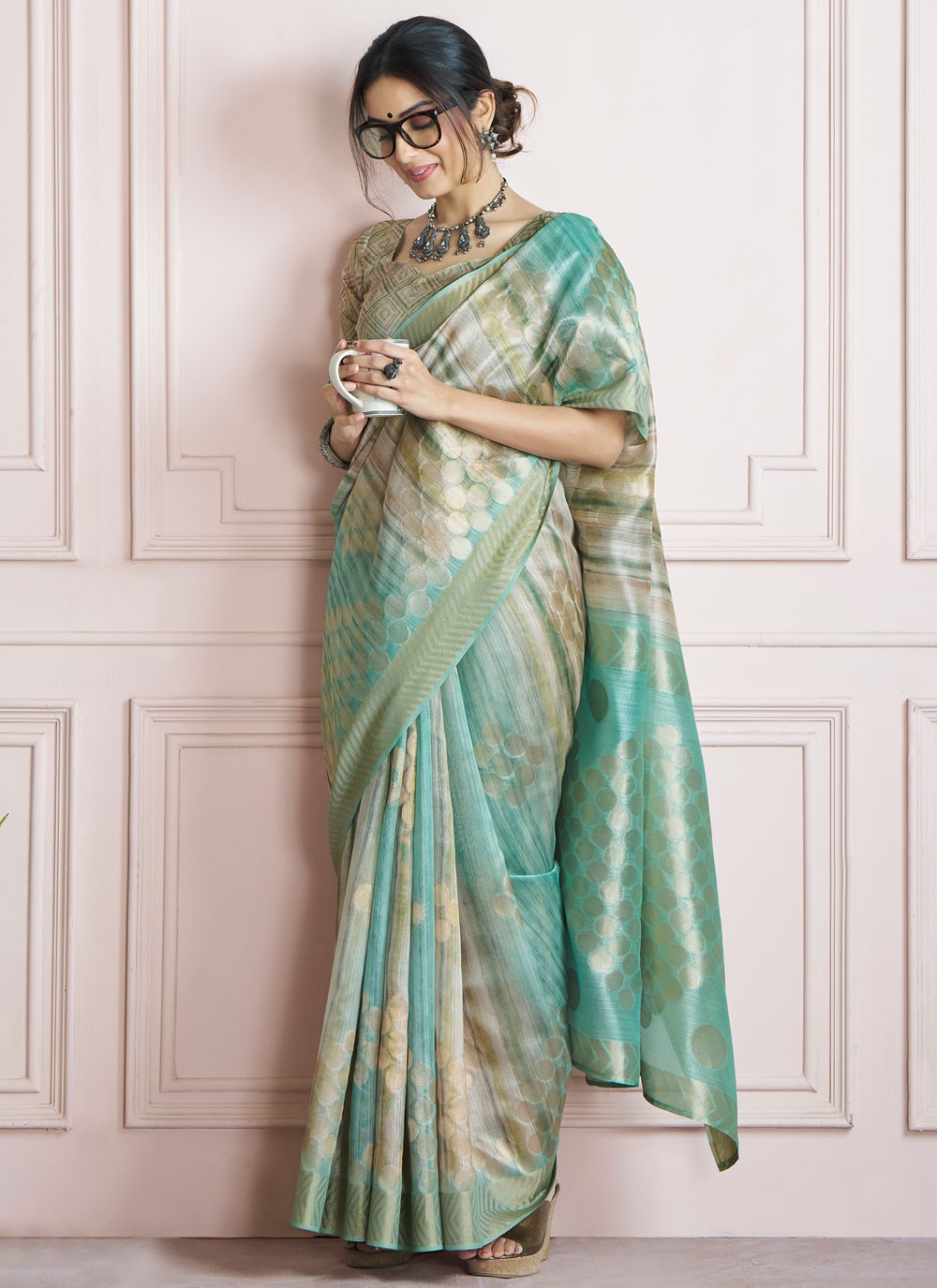 Border Work Handloom Silk Turquoise Saree S14829