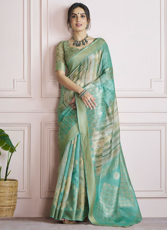 Border Work Handloom Silk Turquoise Saree S14829
