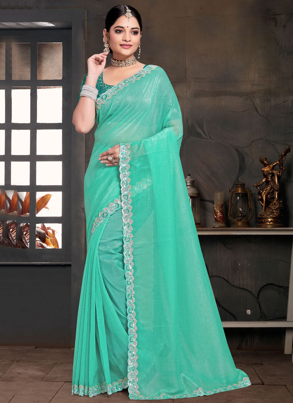 Contemporary Embroidered Turquoise Silk Saree S13118