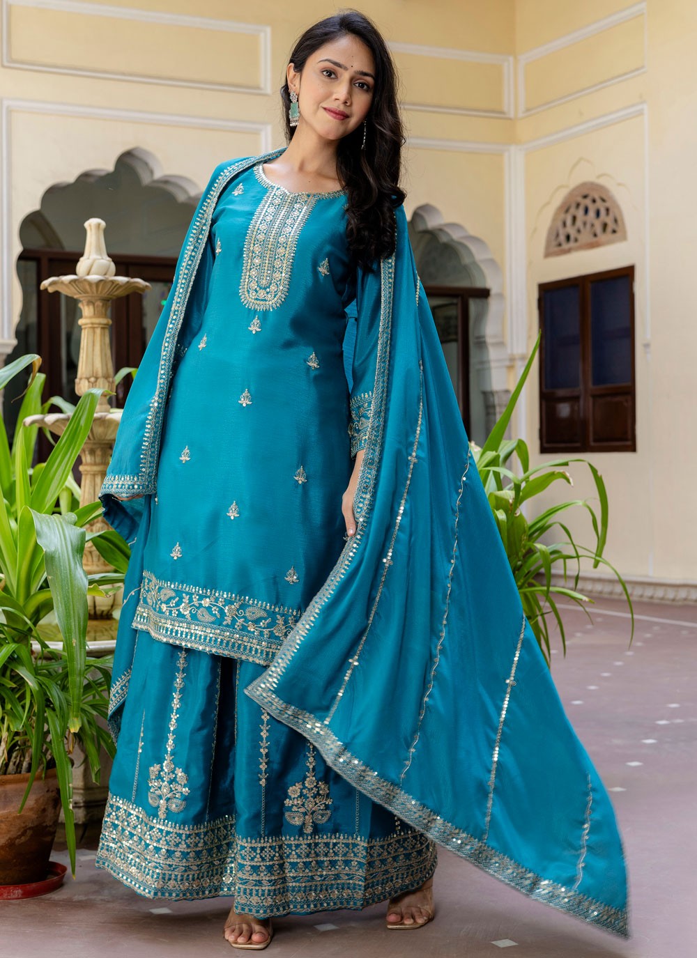 Palazzo Suit Embroidered Turquoise T8507