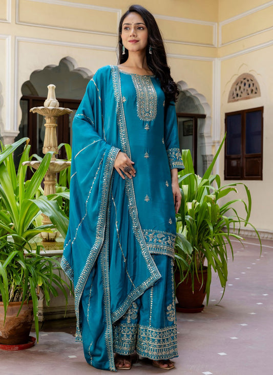 Palazzo Suit Embroidered Turquoise T8507