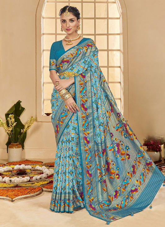 Border Work Cotton Silk Turquoise Contemporary Saree S15295