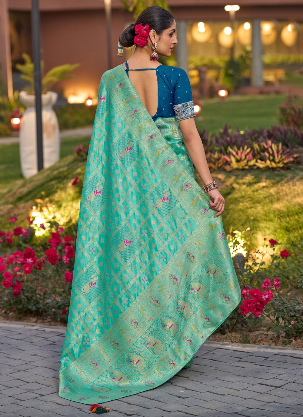 Turquoise Pure Dola Classic Saree Fancy Work, Stones, Woven S17324
