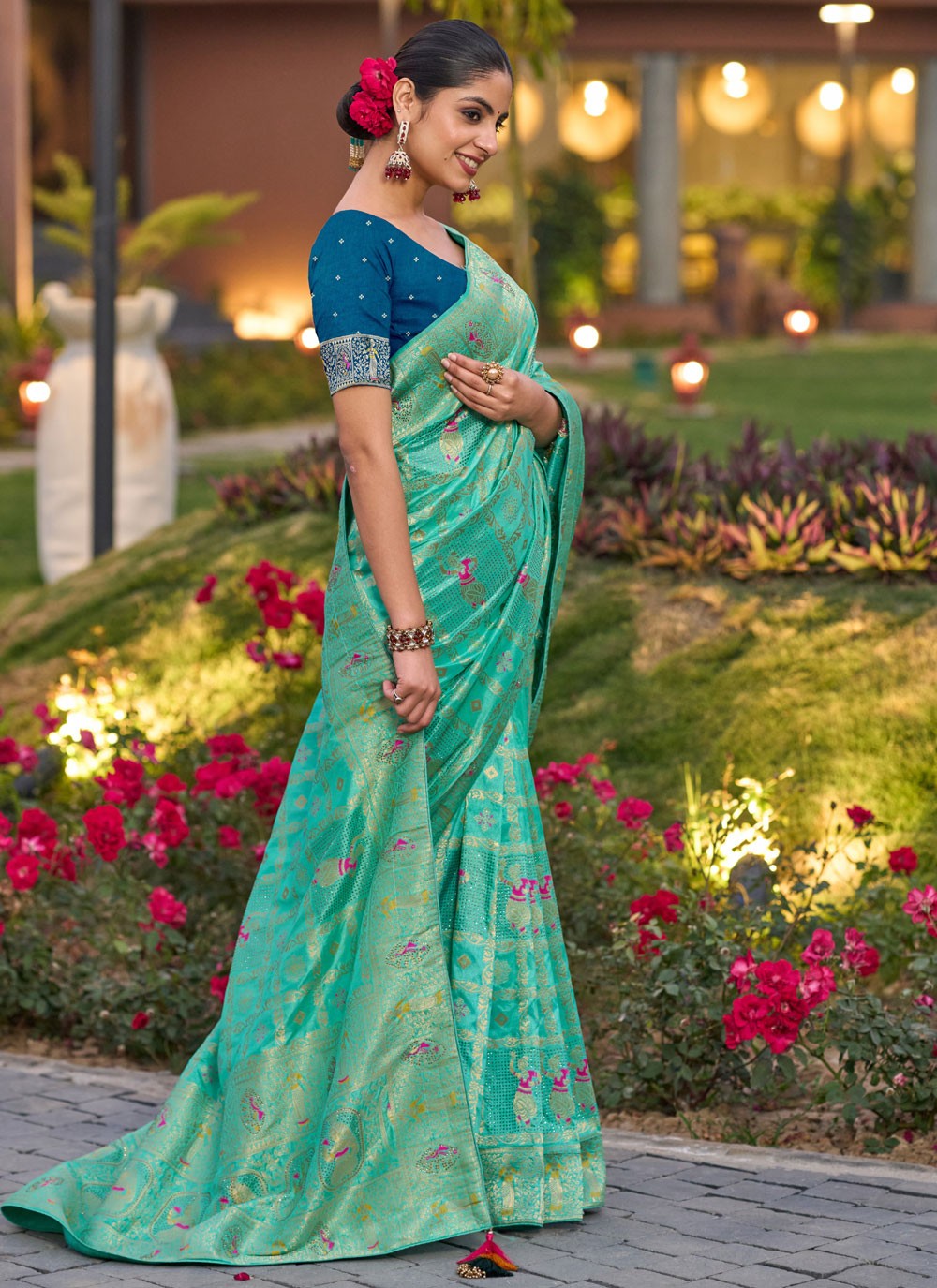 Turquoise Pure Dola Classic Saree Fancy Work, Stones, Woven S17324