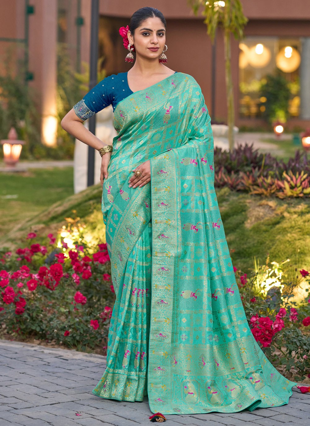 Turquoise Pure Dola Classic Saree Fancy Work, Stones, Woven S17324