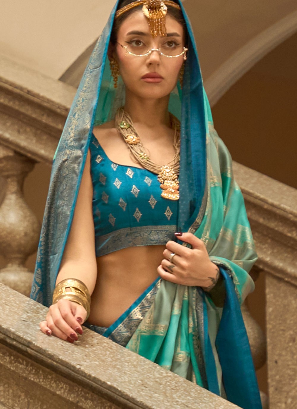 Turquoise Satin Classic Saree Printed, Weaving Zari S18290