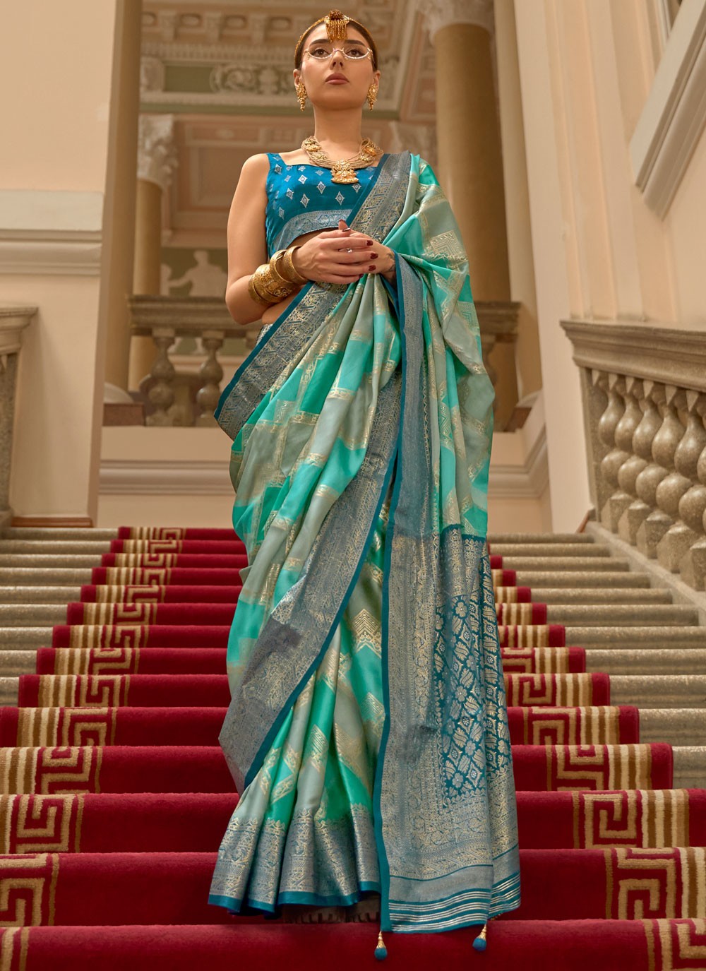 Turquoise Satin Classic Saree Printed, Weaving Zari S18290