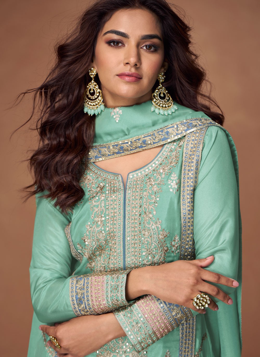 Salwar Suit Embroidered Turquoise Organza T5780