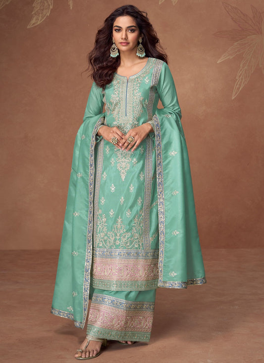 Salwar Suit Embroidered Turquoise Organza T5780