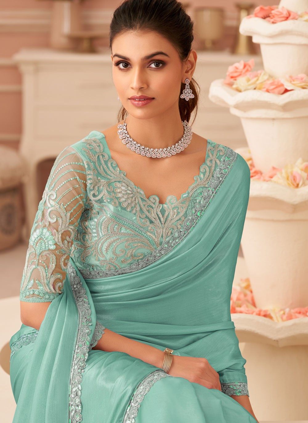 Turquoise Chiffon Traditional Saree Border Work, Embroidered, Zari S19109