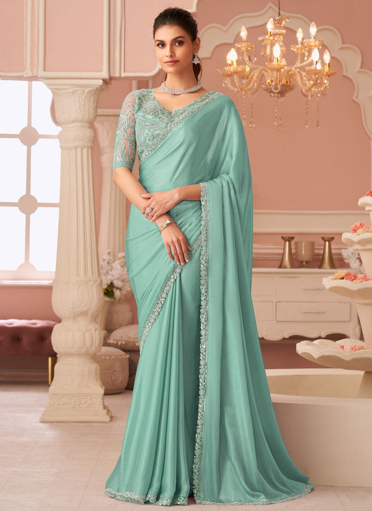 Turquoise Chiffon Traditional Saree Border Work, Embroidered, Zari S19109