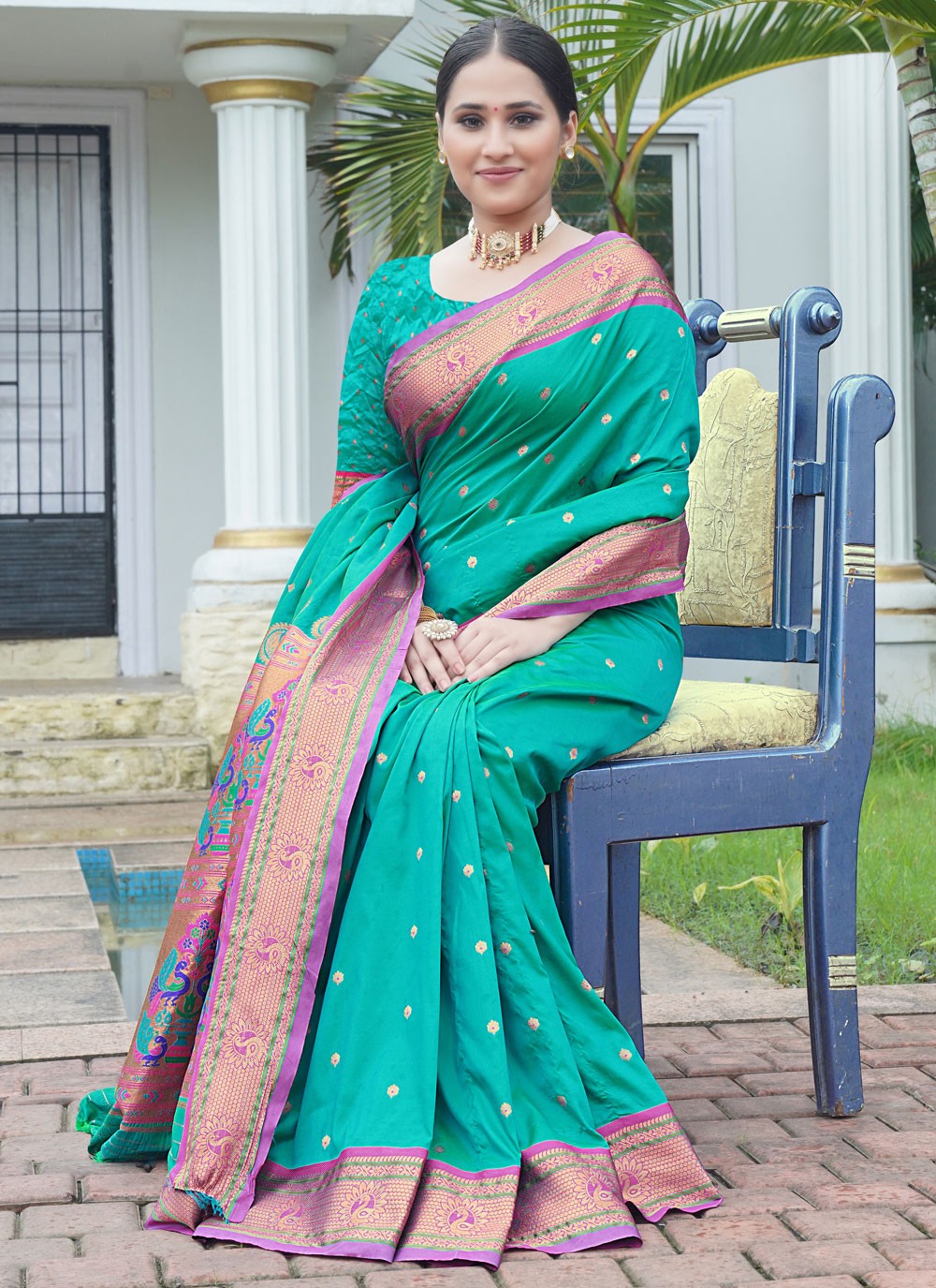 Designer Border Work Turquoise Silk S12431