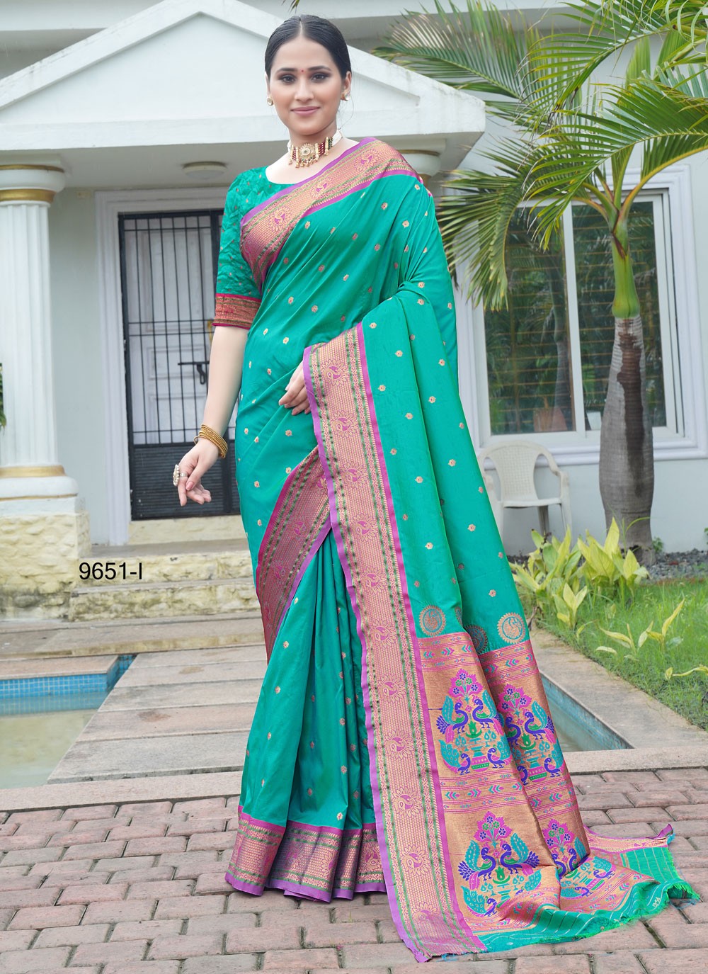Designer Border Work Turquoise Silk S12431