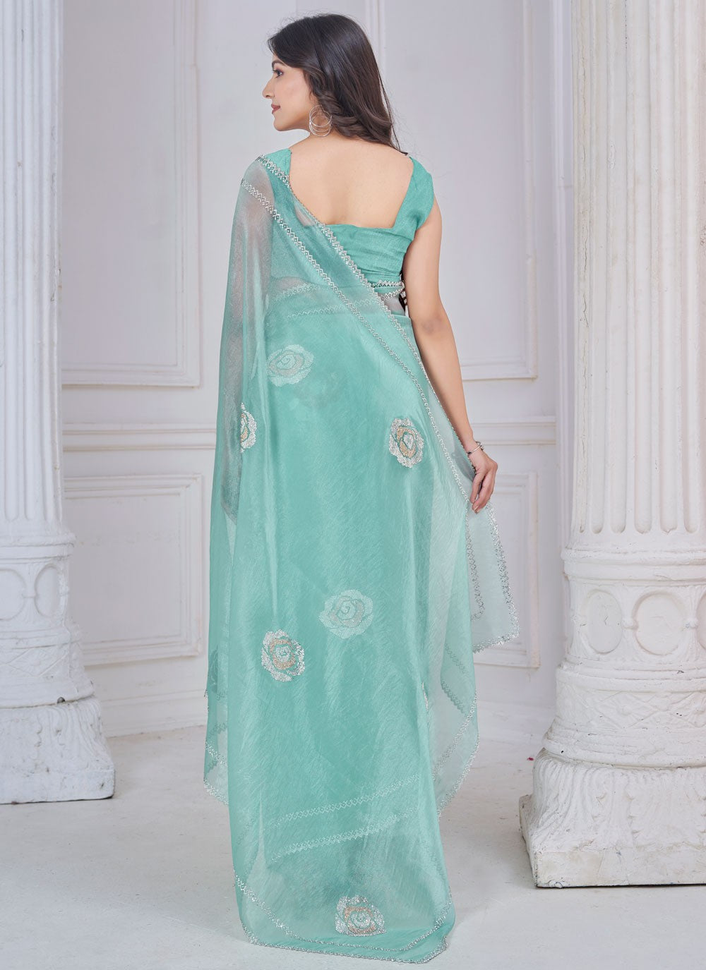Swarovski Organza Turquoise Designer Saree S15116