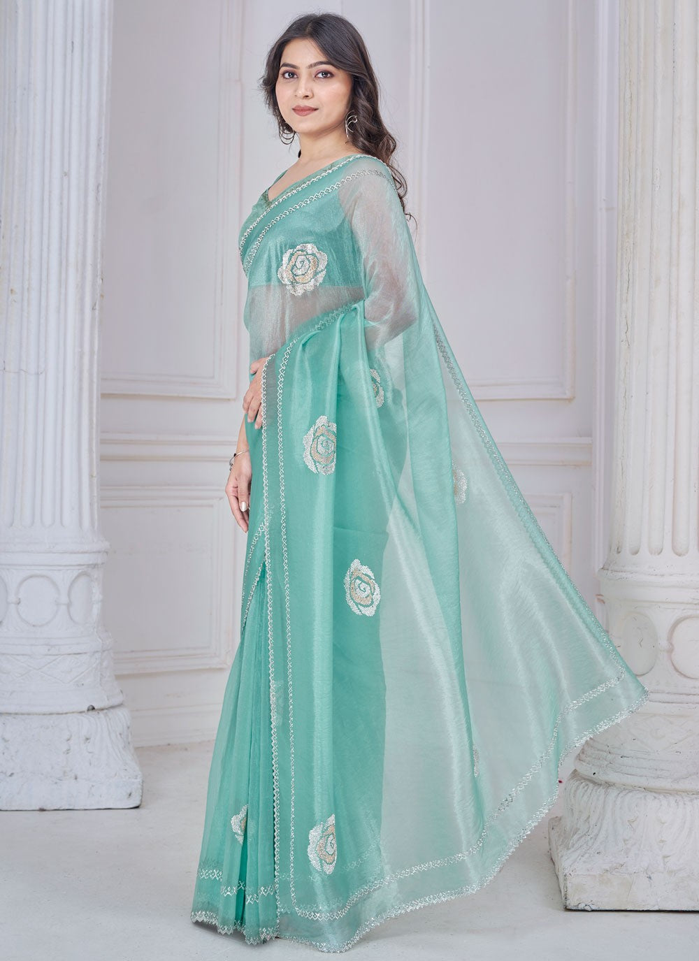 Swarovski Organza Turquoise Designer Saree S15116