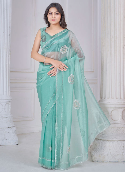Swarovski Organza Turquoise Designer Saree S15116