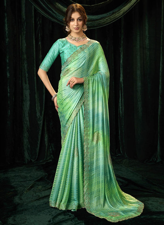 Turquoise Silk Trendy Saree Beads, Border Work, Thread S19296