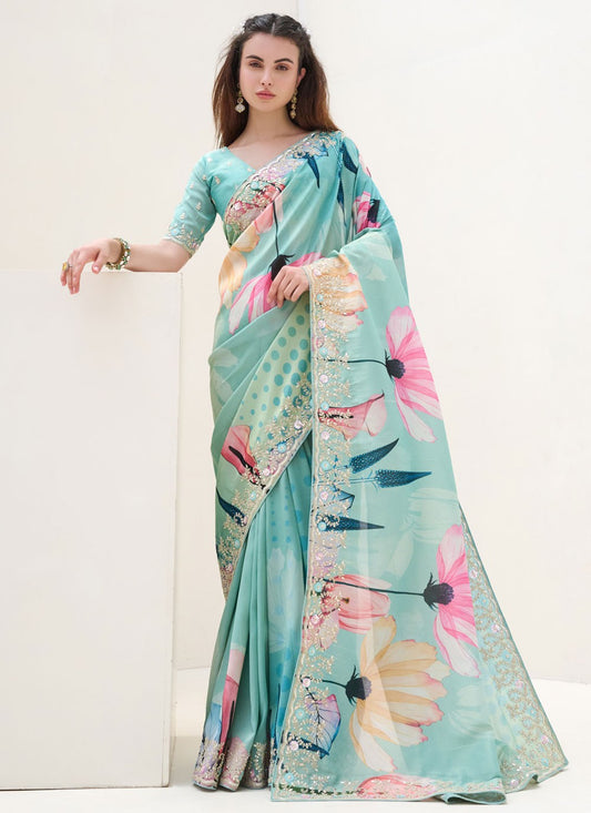 Turquoise Tissue Classic Saree Border Work, Digital Print, Embroidered S18666