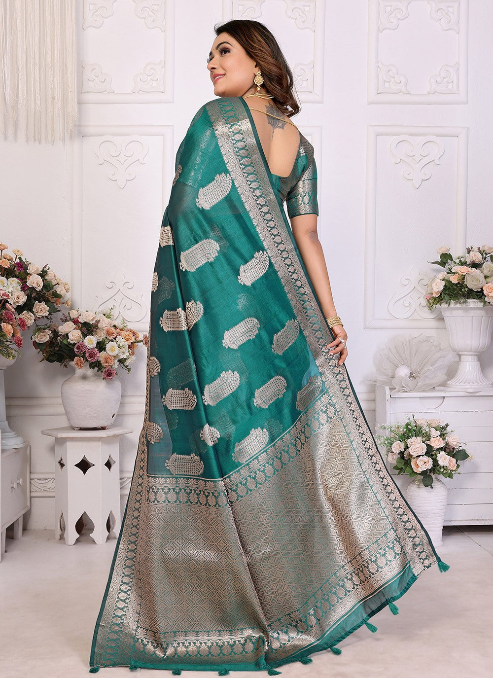 Weaving Zari Organza Turquoise Saree S14354