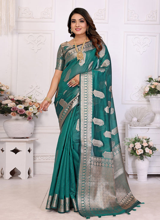 Weaving Zari Organza Turquoise Saree S14354