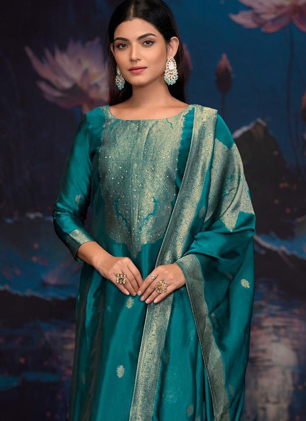 Weaving Zari Silk Turquoise Pant Style Suit T6573