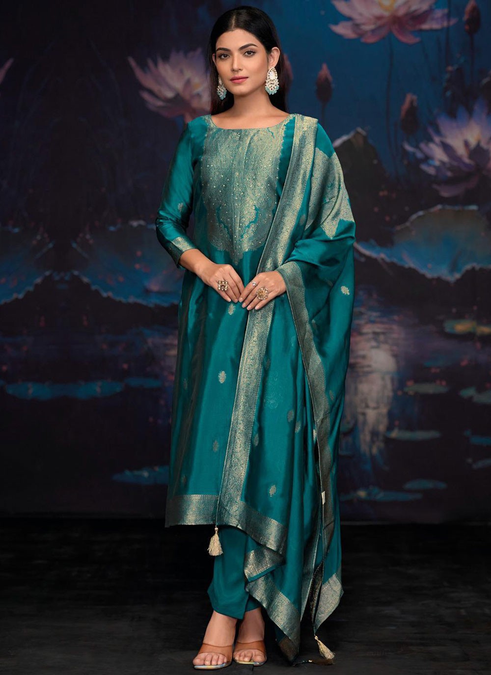 Weaving Zari Silk Turquoise Pant Style Suit T6573