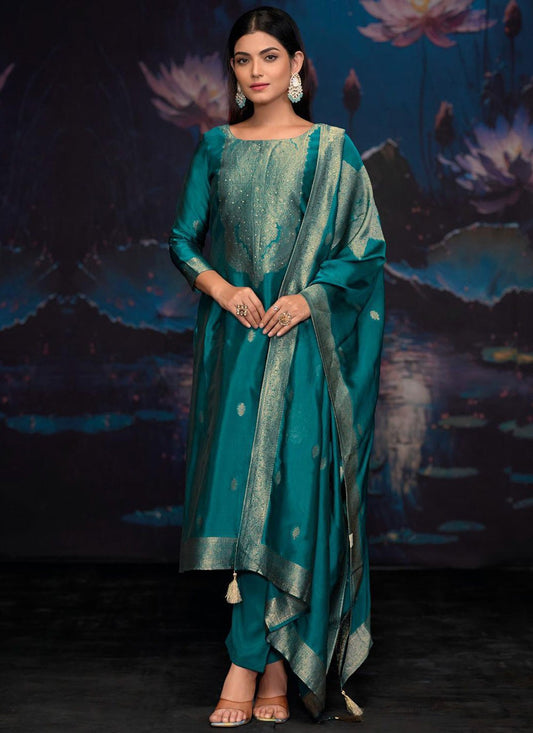 Weaving Zari Silk Turquoise Pant Style Suit T6573