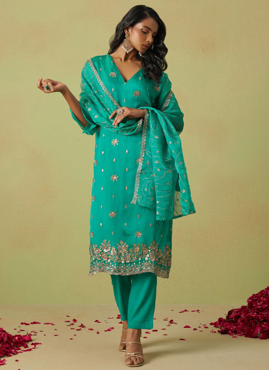 Salwar Suit Embroidered Turquoise Organza T5546