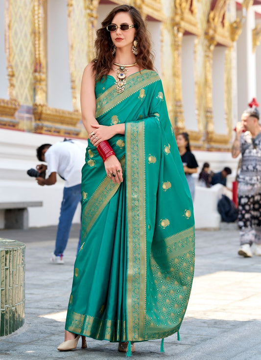 Weaving Zari Satin Silk Turquoise Saree S14437