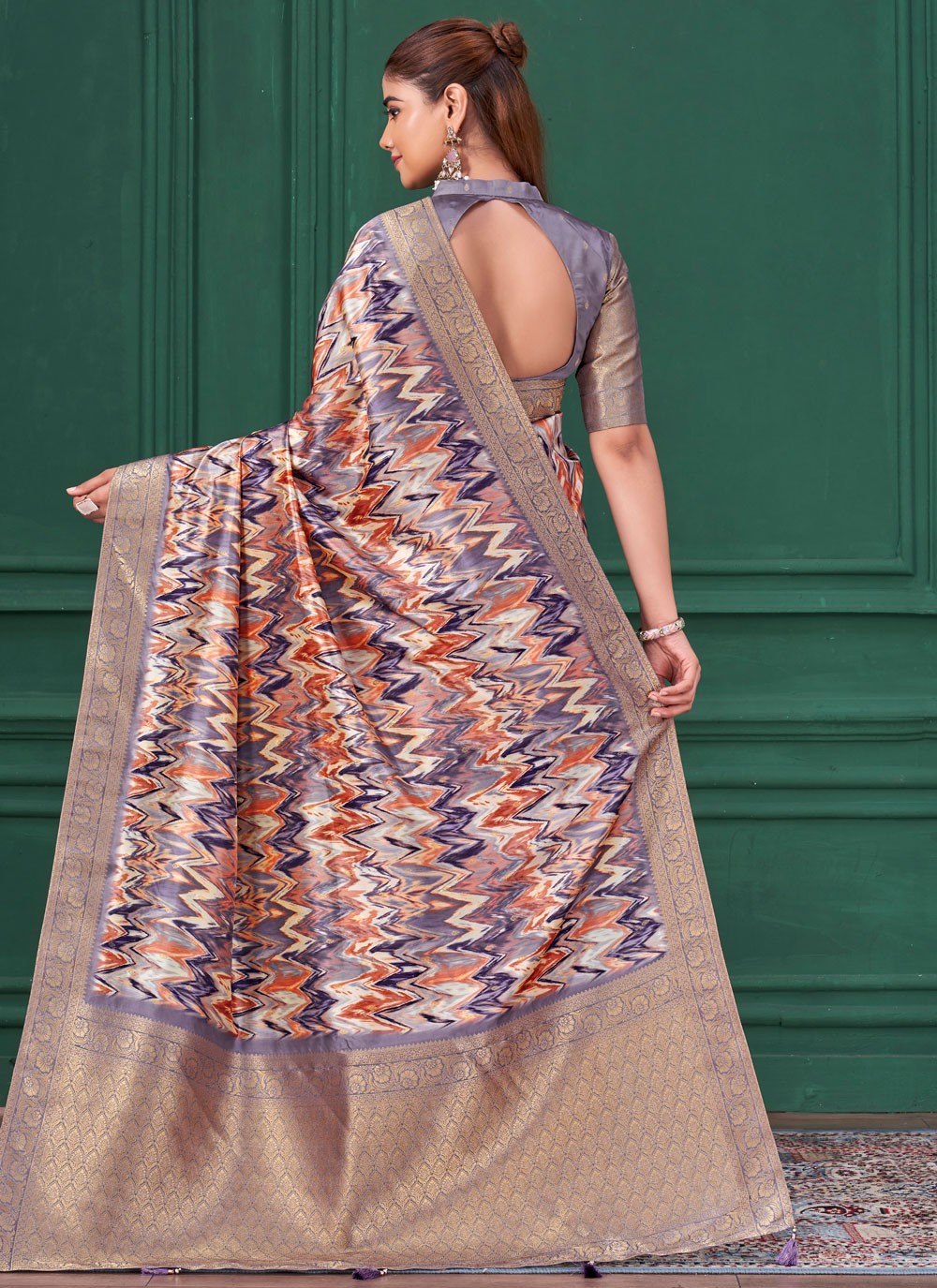 Multi Colour Tussar Silk Contemporary Saree Abstract Print, Border Work, Jacquard Work S17789