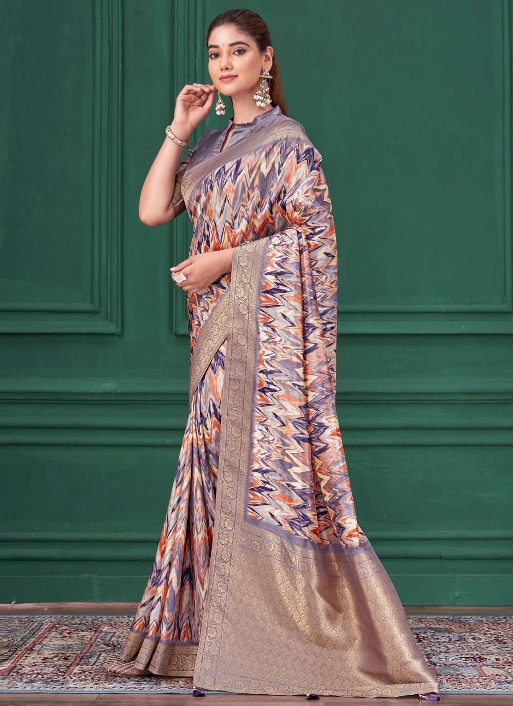 Multi Colour Tussar Silk Contemporary Saree Abstract Print, Border Work, Jacquard Work S17789