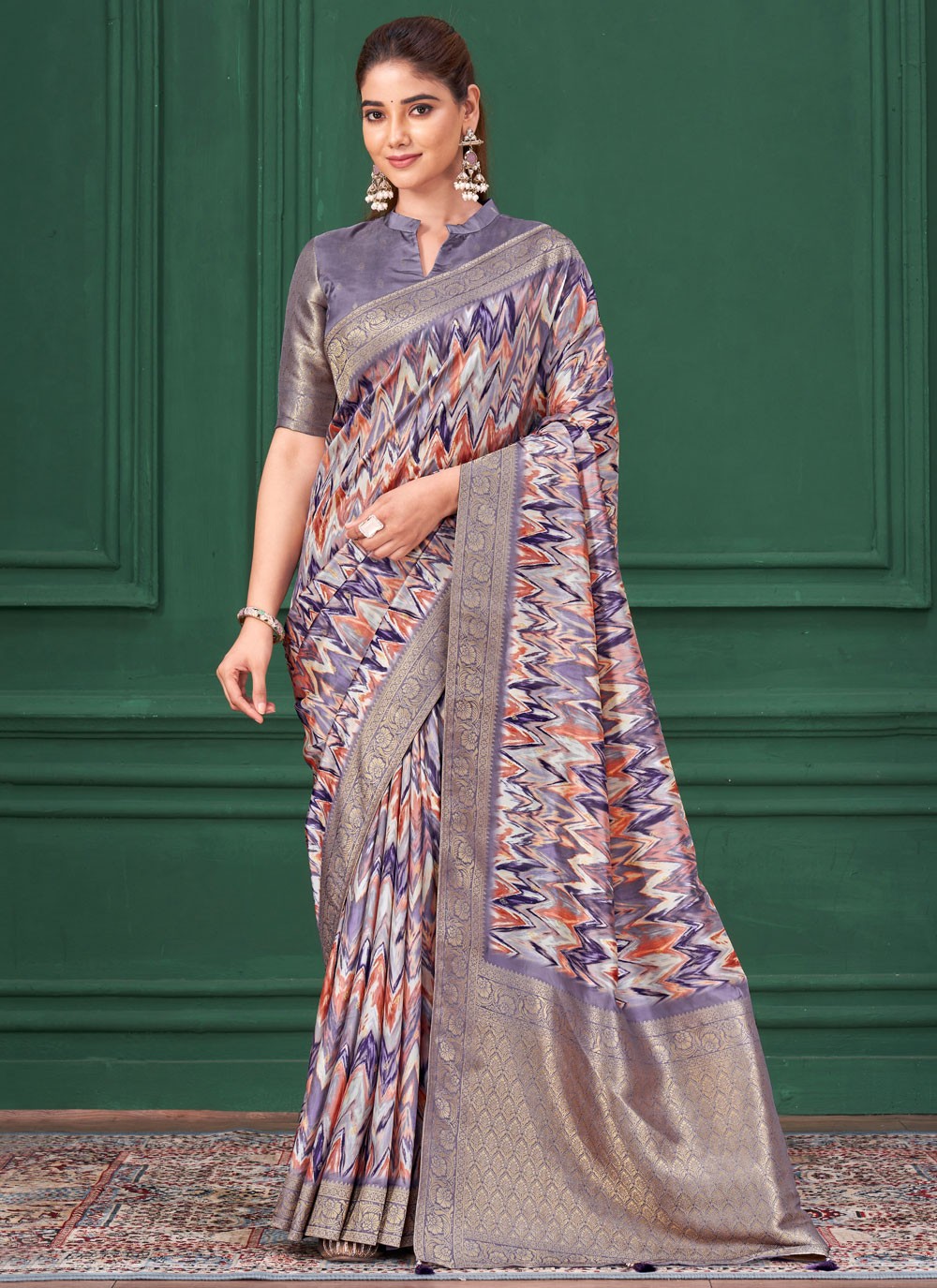 Multi Colour Tussar Silk Contemporary Saree Abstract Print, Border Work, Jacquard Work S17789